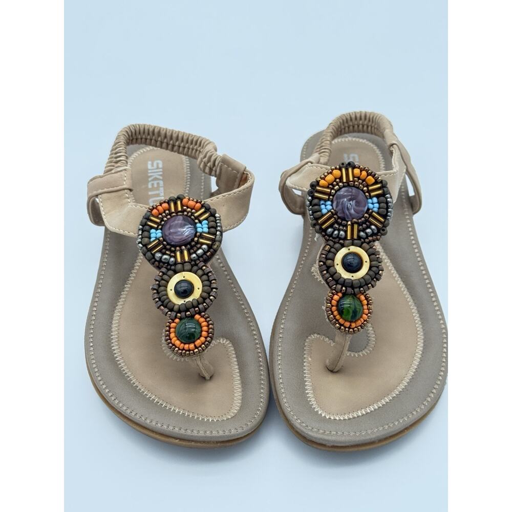 SIKETU Beaded Boho Thong Sandals Beige Multi-Stone Women Sz 37/7